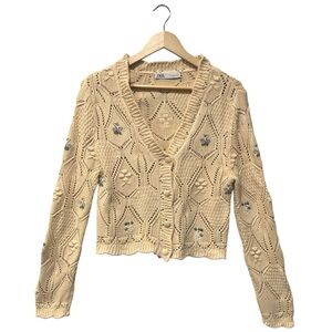 Zara Ditsy Floral Embroidered Yellow Button Front Cardigan spring  Size Medium